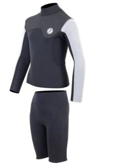 Two Bare Feet Junior Aspect Fleece Lined Zipless Thermal 2.5mm Superstretch Wetsuit Top & Shorts Set (Black/Grey/Grey) -Dive Master Shop kzgrau z