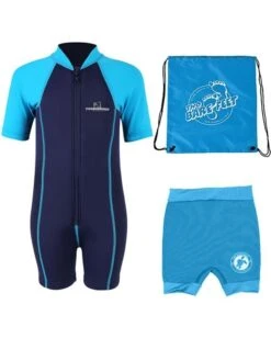Deluxe Baby Swim Kit - Lycra Arm Wetsuit + Nappy Shorts + Bag (Aqua)