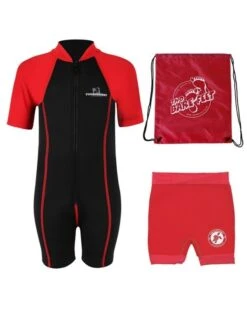 Deluxe Baby Swim Kit - Lycra Arm Wetsuit + Nappy Shorts + Bag (Red)