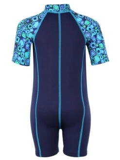Essentials Baby Swim Kit - Patterned Lycra Arm Wetsuit + Nappy Shorts (Aqua) -Dive Master Shop lycra armed baby patterned blue back 2
