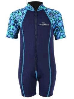Deluxe Baby Swim Kit - Patterned Lycra Arm Wetsuit + Swim Nappy + Towel (Aqua) -Dive Master Shop lycra armed baby patterned blue front 3