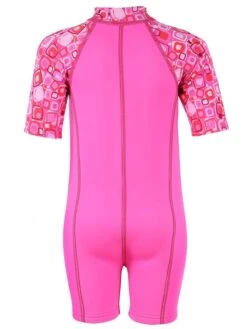 Deluxe Baby Swim Kit - Patterned Lycra Arm Wetsuit + Nappy Shorts + Towel (Pink) -Dive Master Shop lycra armed baby patterned pink back 3 1