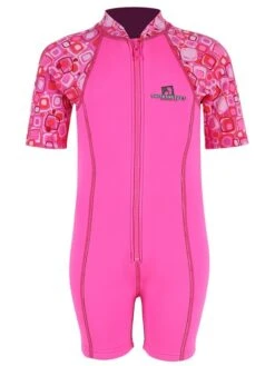 Deluxe Baby Swim Kit - Patterned Lycra Arm Wetsuit + Nappy Shorts + Towel (Pink) -Dive Master Shop lycra armed baby patterned pink front 3 1