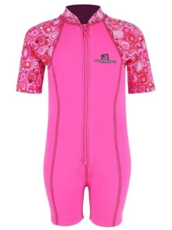Premier Baby Swim Kit - Patterned Lycra Arm Wetsuit + Nappy Shorts + Towel + Bag (Pink) -Dive Master Shop lycra armed baby patterned pink front 4 2