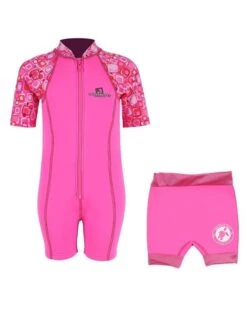 Essentials Baby Swim Kit - Patterned Lycra Arm Wetsuit + Nappy Shorts (Pink)