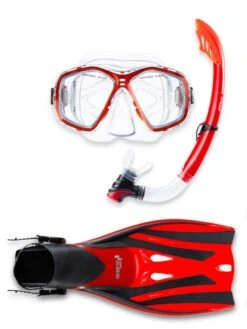 PVC Mask Snorkel & F52 Fins 3pc Set (Red)