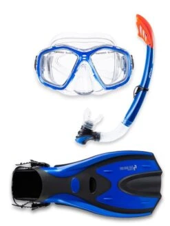 Two Bare Feet Adult PVC Mask, Snorkel & F70 Fins 3 Piece Set (Blue)