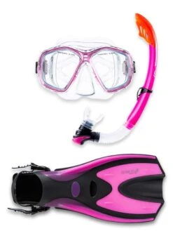 Two Bare Feet Adult PVC Mask, Snorkel & F70 Fins 3 Piece Set (Pink)