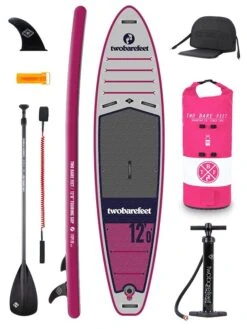 Two Bare Feet Sport Air (Touring) 12'0" X 33" X 6" Inflatable SUP Deluxe Carbon Hybrid Pack (Raspberry)