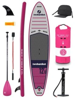 Two Bare Feet Sport Air (Touring) 12'0" X 33" X 6" Inflatable SUP Deluxe Fibreglass Hybrid Pack (Raspberry)