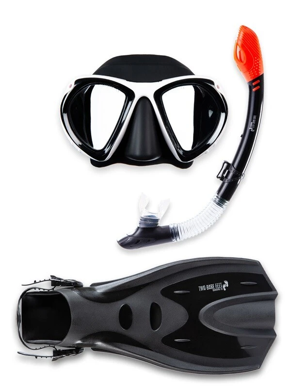 Two Bare Feet Adult Silicone Dry Top Snorkel, White Silicone Mask & F70 Fins Set (White/Black)
