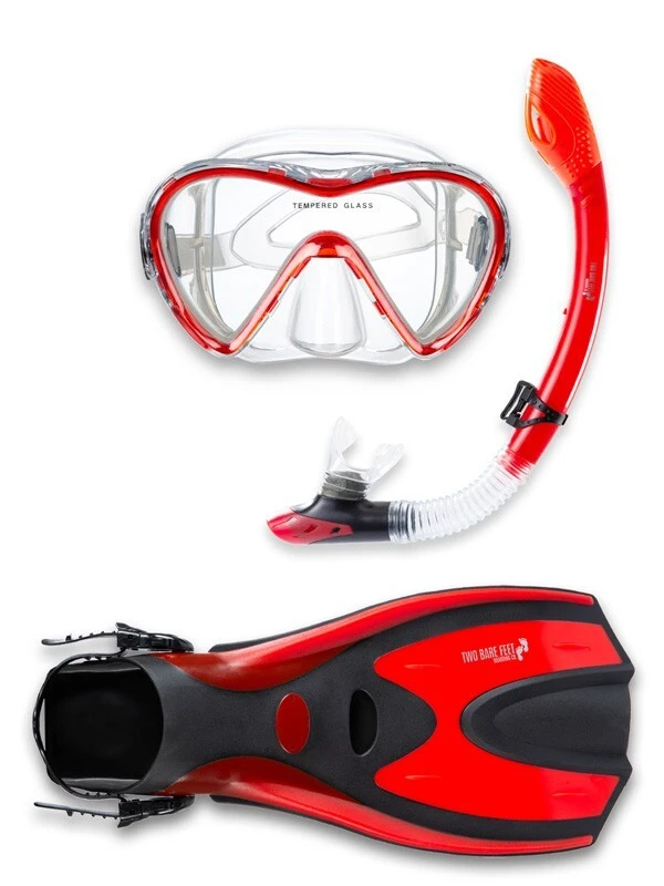 Two Bare Feet Adult Silicone Mask, Dry Top Snorkel & F70 Fins 3 Piece Set 3 (Red)